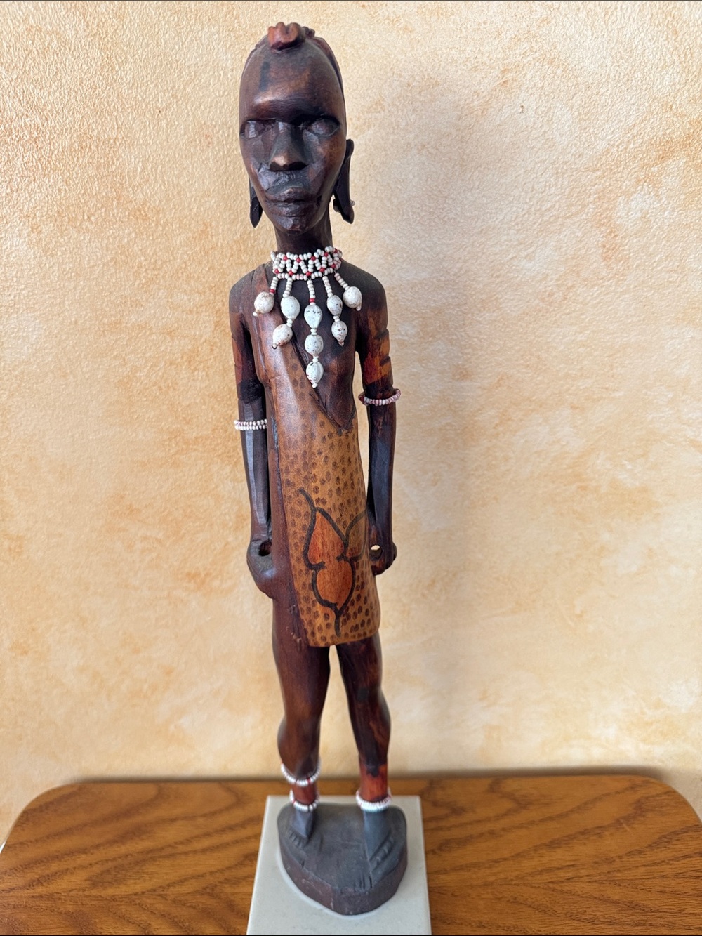 African Hand-Carved Tribal Wood Sculpture in Brown with Beaded Necklace